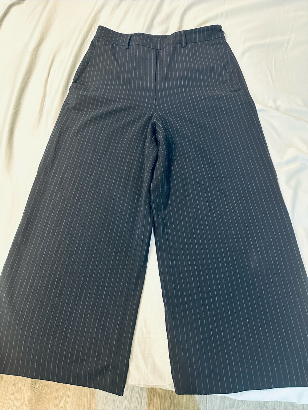 RW&CO. Navy Pinstripe Cropped Wide-Leg Trousers